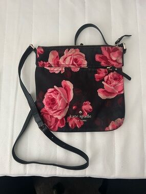 kate spade Black Crossbody Bag with Pink Rose Floral Print